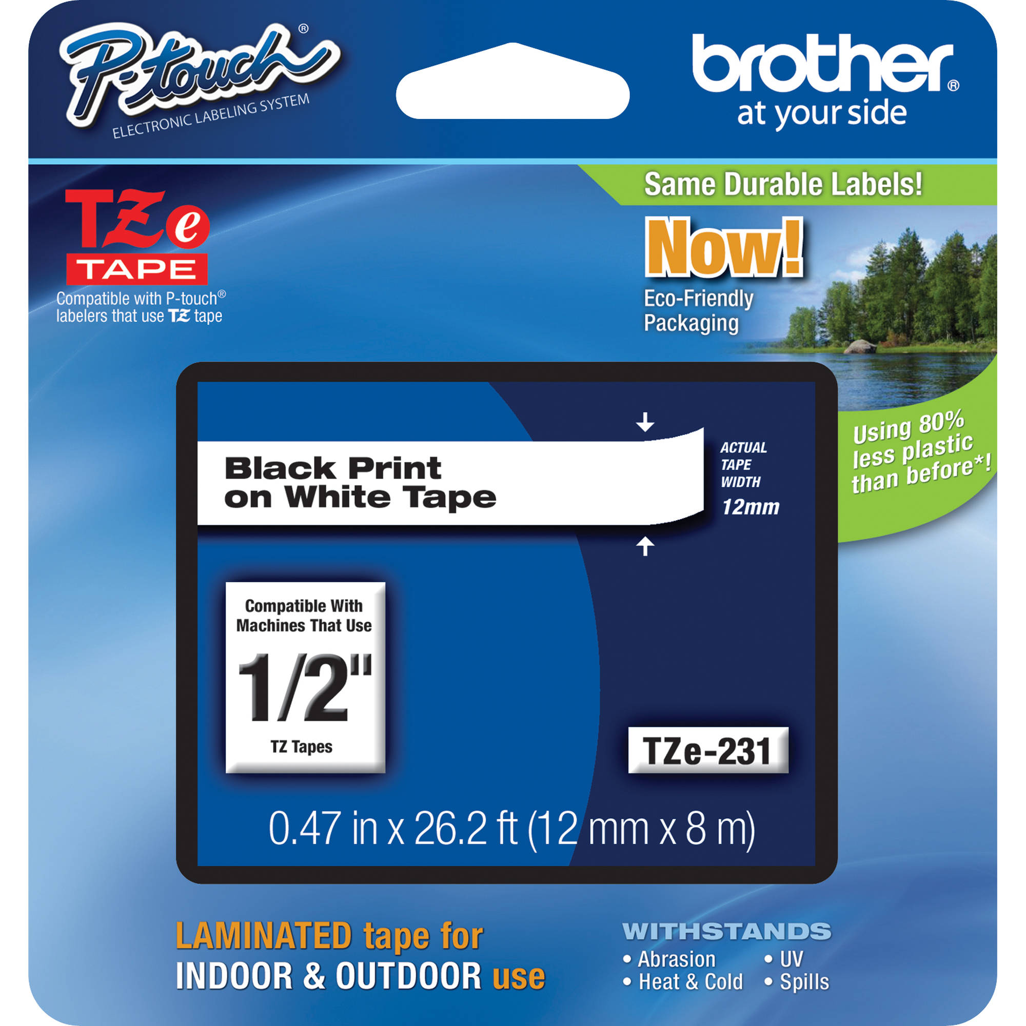 Brother TZe231 Laminated Tape for P-Touch Labelers (Black on White, 1/2" x 26.2')