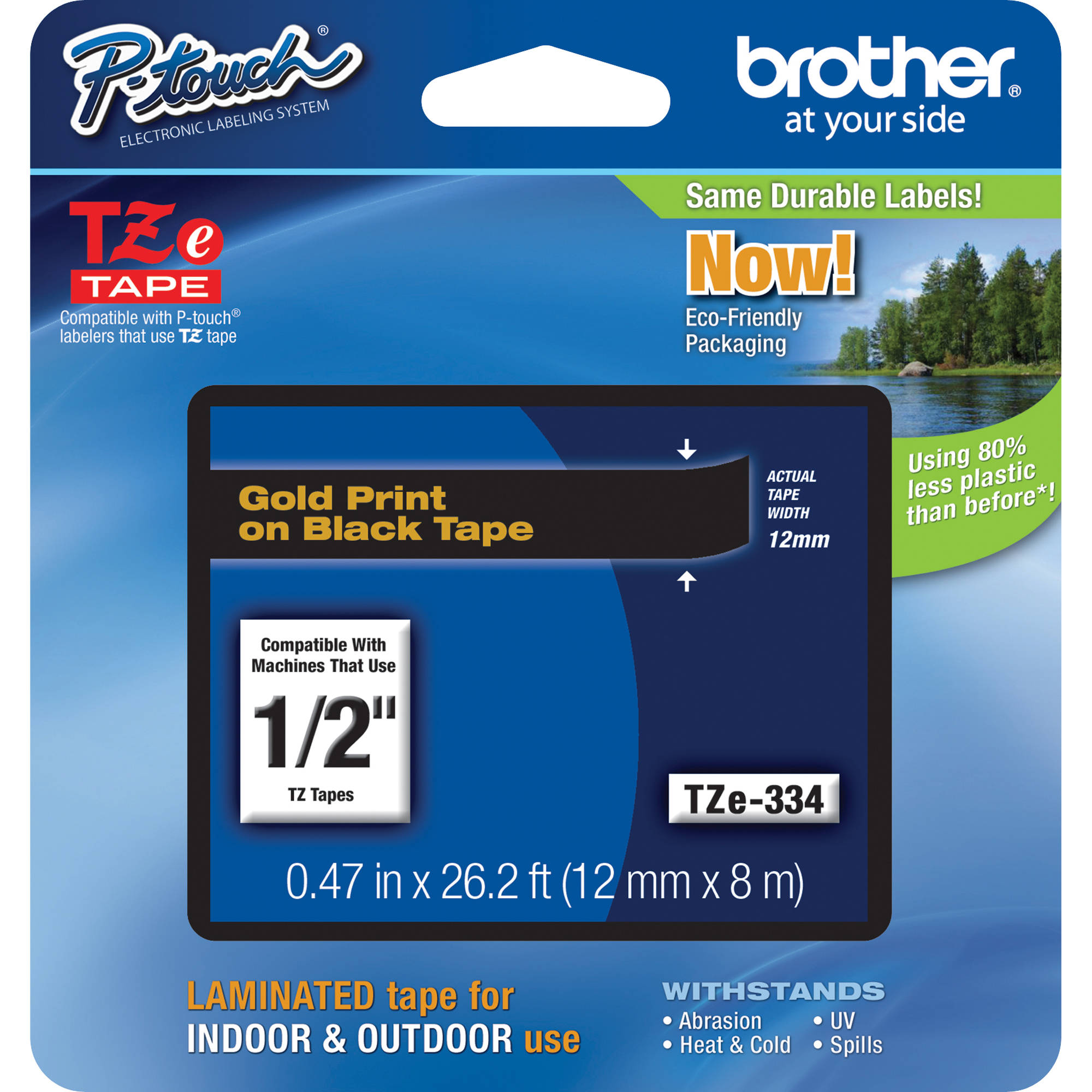 Brother TZe334 Laminated Tape for P-Touch Labelers (Gold on Black, 1/2" x 26.2')
