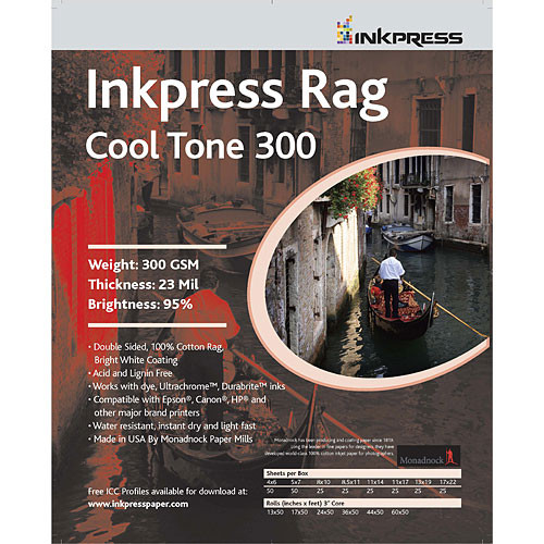 Inkpress Media Picture Rag Cool Tone Paper (2-Sided, 300 gsm) for Inkjet - 44" Wide Roll - 50' Long