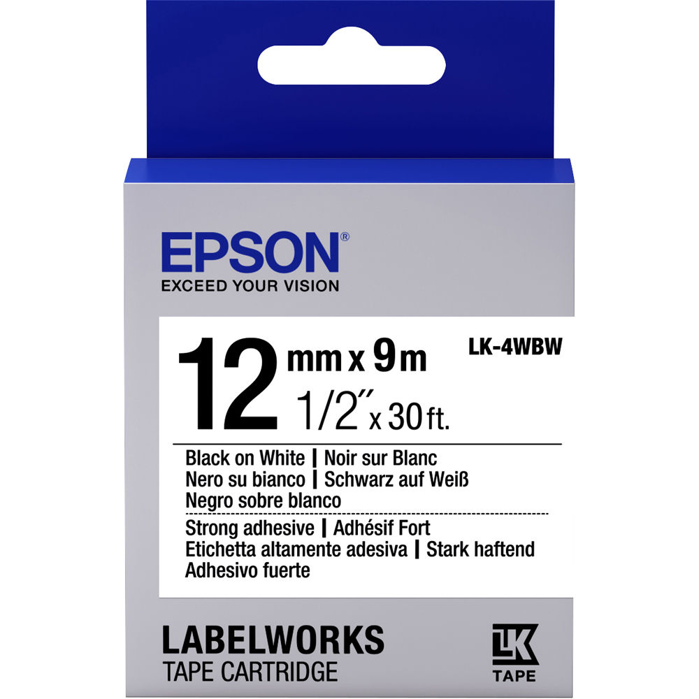 Epson LabelWorks Strong Adhesive LK Tape Black on White Cartridge (1/2" x 30')